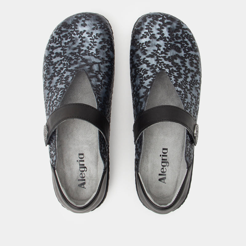 Opheliah Ivy Brush Silver mary-jane style shoe with v cutouts over instep.