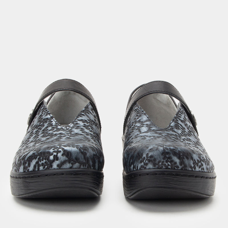 Opheliah Ivy Brush Silver mary-jane style shoe on a Wood look rocker outsole.