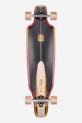 Outlier 36 inch longboard Scorch top view with black grip tape rainbow edge trim and centered logo