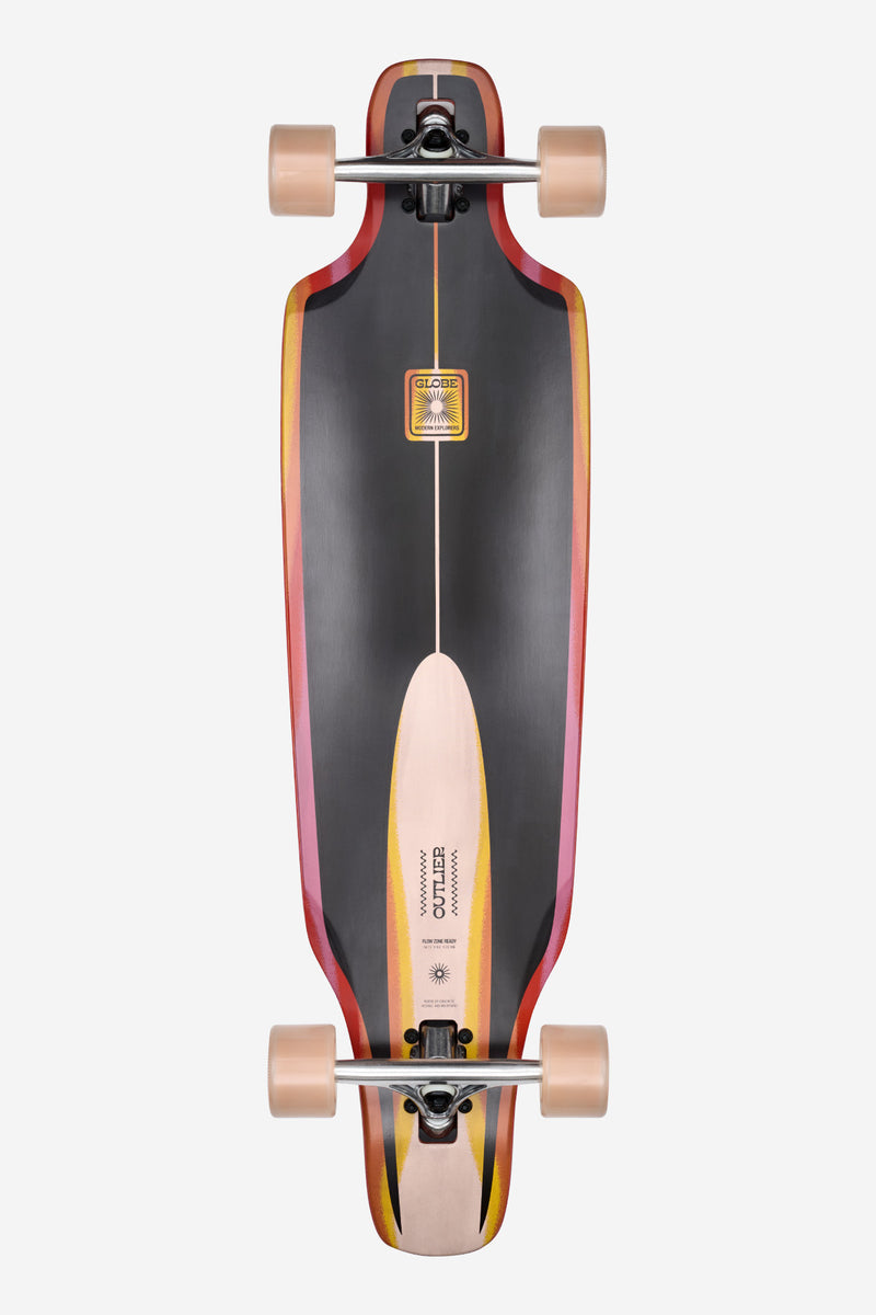 Outlier 36 inch longboard Scorch top view with black grip tape rainbow edge trim and centered logo
