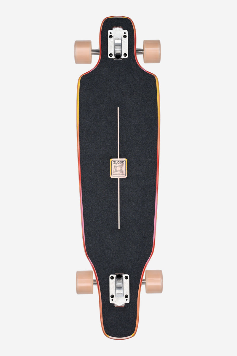 Outlier 36 inch longboard Scorch underside showing rainbow edge trim trucks and beige wheels
