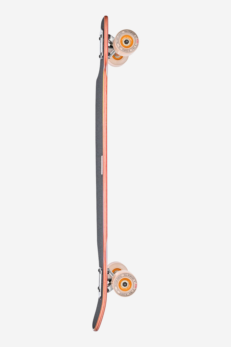 Profile view of Outlier 36 inch Scorch longboard with red edge stripe and black grip tape