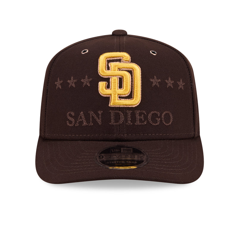 Brown snapback baseball cap with embroidered Padres logo and SAN DIEGO text
