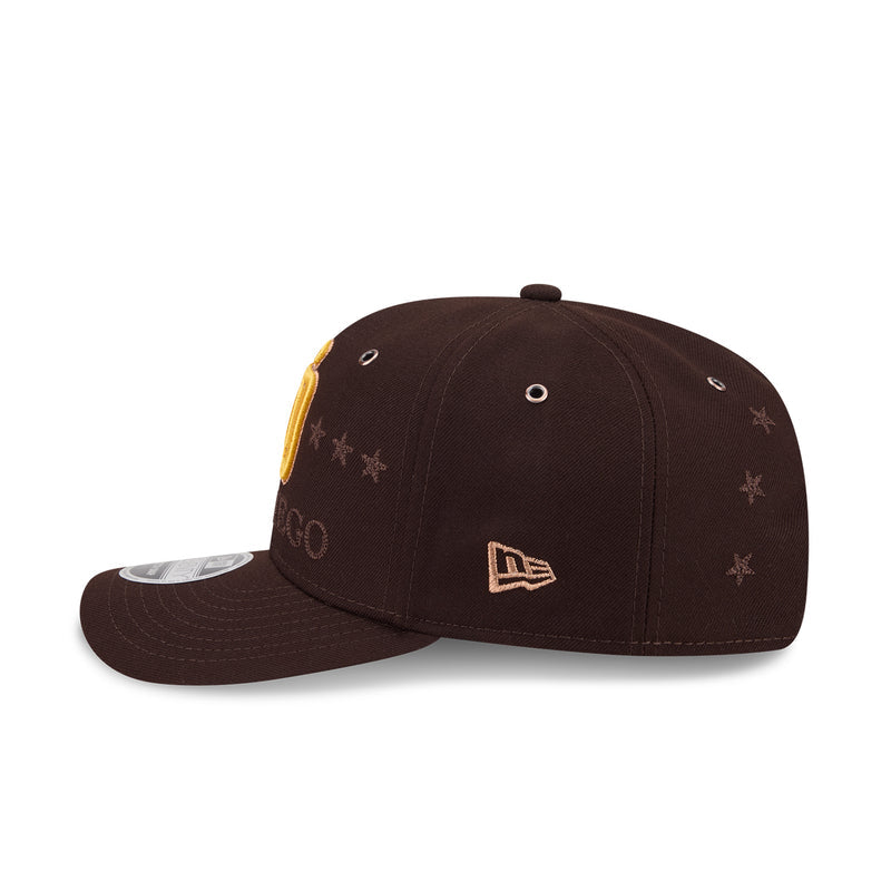 Brown baseball cap with embroidered New Era logo on side and all-star patch
