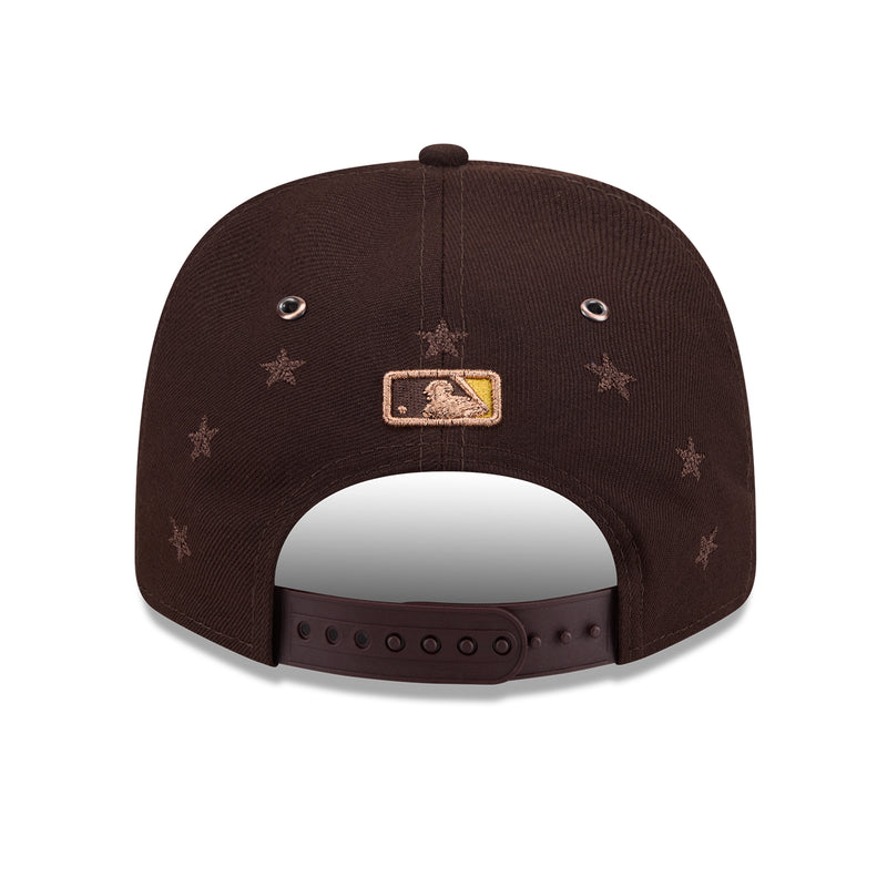 Brown baseball cap back with adjustable snap strap and stitched star accents