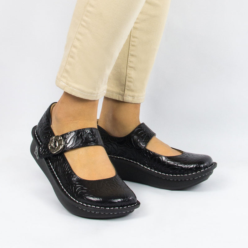 Paloma Black Embossed Rose Mary Jane | Alegria Shoes