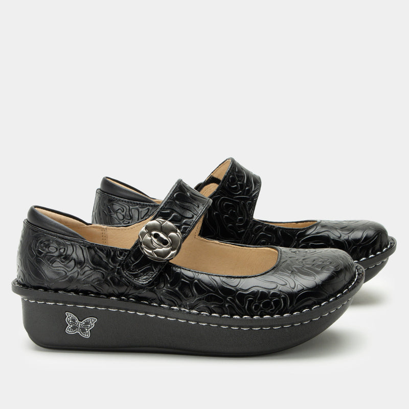 Paloma Black Embossed Rose Mary Jane | Alegria Shoes