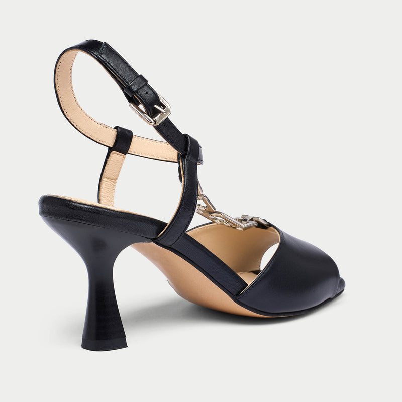 Pamela black sandal heel close up