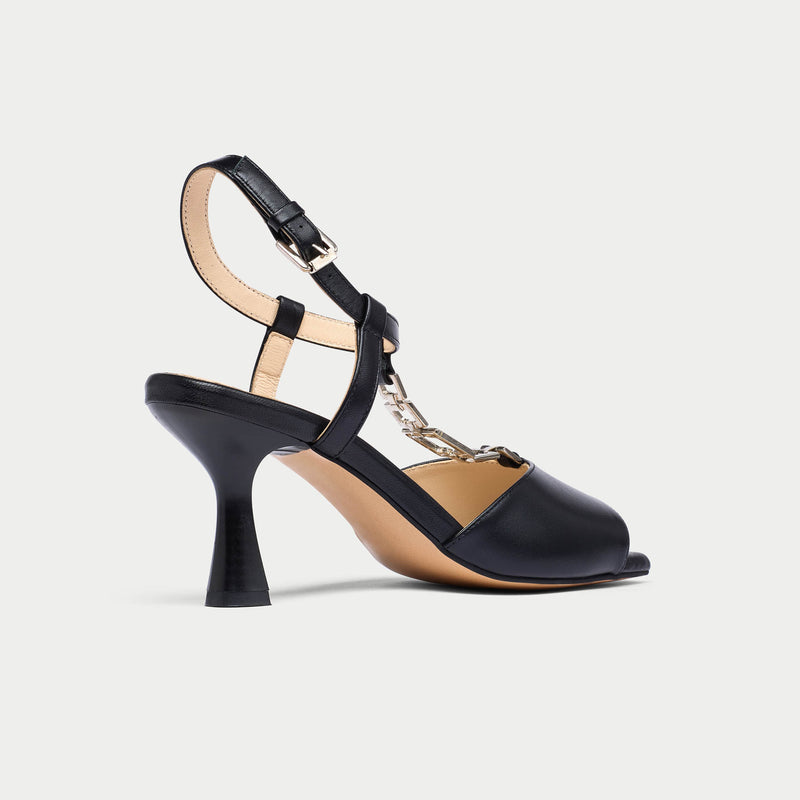Pamela black sandal heel back/side view