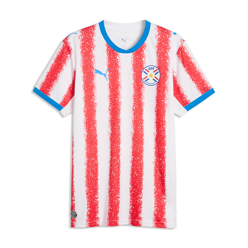 Men's home replica jersey in white with red vertical stripes, blue trim, crest