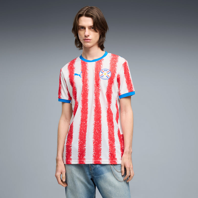 Men's home replica jersey, white with red glitter stripes and blue trim