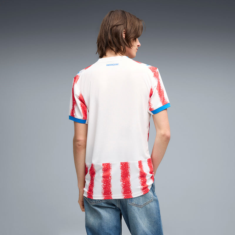 Men's home replica jersey back, white with red vertical stripes, blue trim, 'PARAGUAY'