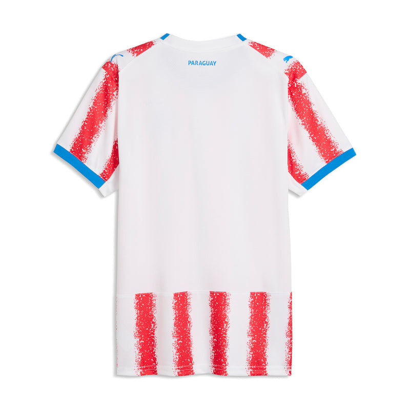 Men's home replica jersey back, white with red vertical glitter stripes and blue collar