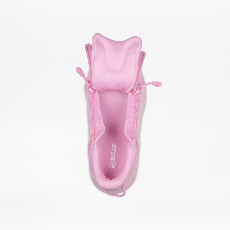 Top view of the Pink Confetti BILLY Sport Inclusion DZ1 sneaker for kids by BILLY Footwear, featuring double zippers that reveal a soft cushioned tongue and branded insole, set against a white background.