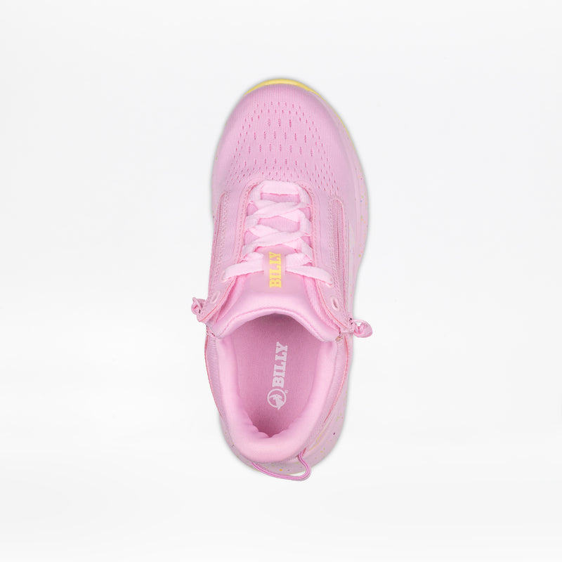 A top view of the Pink Confetti BILLY Sport Inclusion DZ1 kids athletic shoe by BILLY Footwear, showing "BILLY" in yellow on the tongue and in white on the insole, displayed against a plain white background.