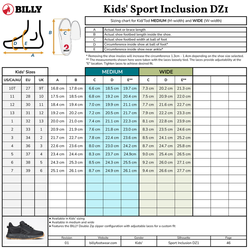 The sizing chart for the Pink Confetti BILLY Sport Inclusion DZ1 by BILLY Footwear features US/EU/UK foot measurements, width tables for medium and wide fits, diagrams, and a pink double zipper shoe image—ideal for kids' athletic shoes.