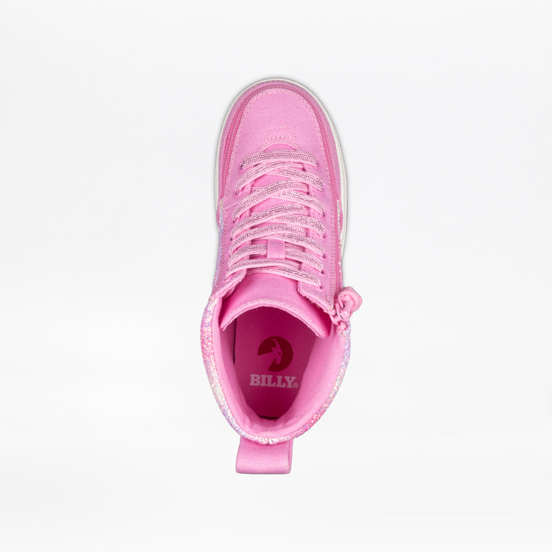 Top view of a Pink Glitz BILLY Classic Lace High kids sneaker by BILLY Footwear, featuring laces, a wraparound zipper, and BILLY branding on the insole, shown against a white background.