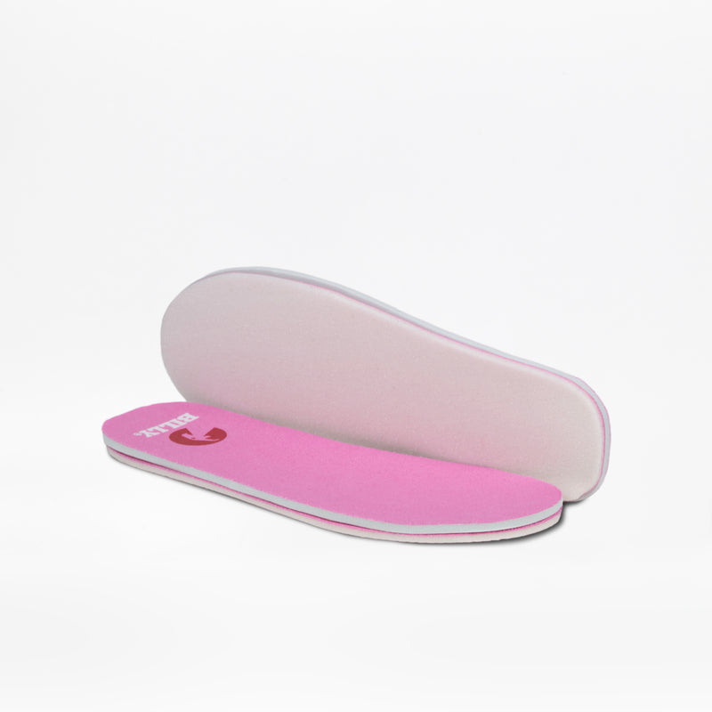 Two pink insoles with white edges are shown on a white background, ideal for the BILLY Footwear Pink Glitz BILLY Classic Lace High sneakers with wraparound zippers. One insole shows the top side flat, the other displays the bottom standing up.