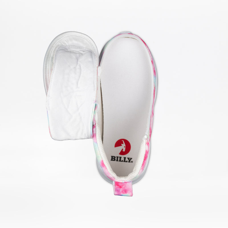 A top view of the Pink Watercolor BILLY Goat Classic High by BILLY Footwear, showing its removable insole partially out and the red BILLY logo visible inside this adaptive shoe.