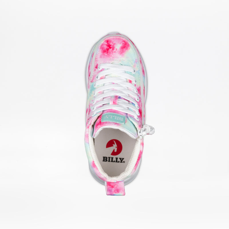 Top view of the Pink Watercolor BILLY Goat Classic High by BILLY Footwear, an AFO-friendly shoe with pink, teal, and white tie-dye, white laces, a side zipper, and “BILLY” branding on the tongue and insole.