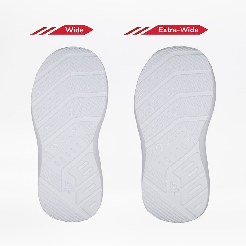 Two white outsoles of the BILLY Footwear Pink Watercolor BILLY Goat Classic High are shown on a white background. The left is labeled Wide and the right Extra-Wide, showcasing adaptive shoe options ideal for orthotics and AFO needs.