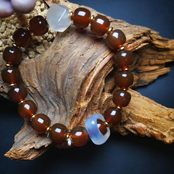 Prayer Beads, Agate Crystal Bracelet - Tibetan Buddhist art, detailed view