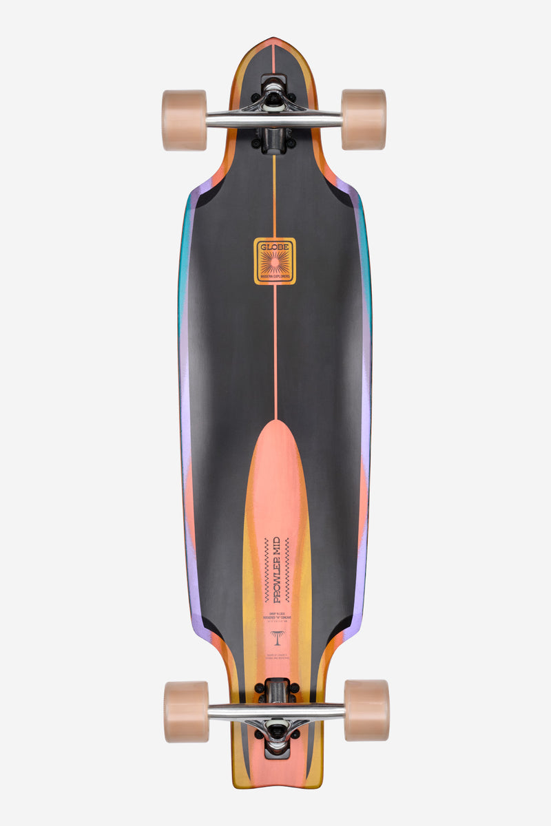 Top-down view of Prowler Mid 34 Sunstone longboard with rainbow edges and orange center line