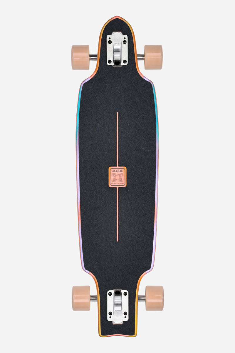 Profile shot of Prowler Mid 34 Sunstone longboard showing rainbow edge rails and peach wheels