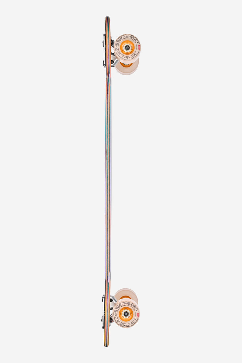 Bottom view of Prowler Mid 34 Sunstone longboard with rainbow side rails and orange tail