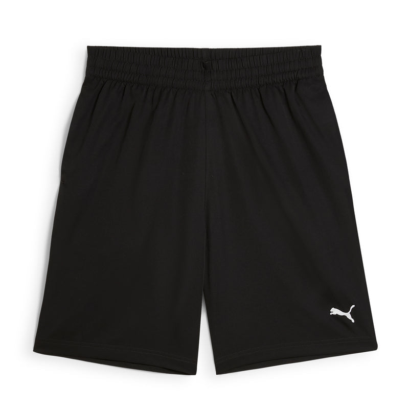 Black mens woven athletic shorts with elastic waistband and small PUMA logo