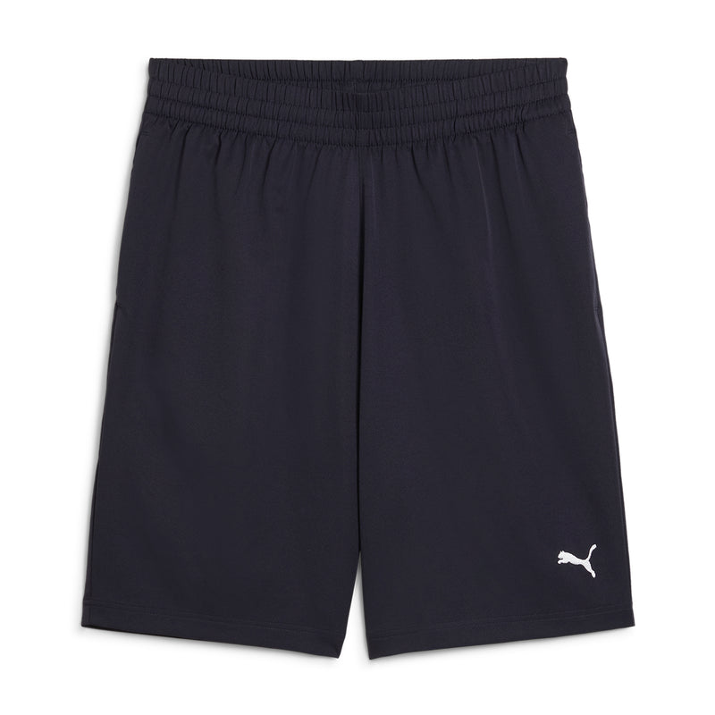 Mens navy woven shorts with elastic waistband and Puma cat logo at the hem.