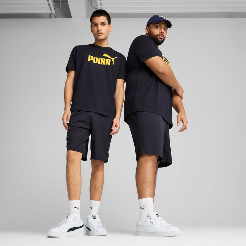 Navy Puma woven mens shorts with elastic waistband and Puma logo on the leg.