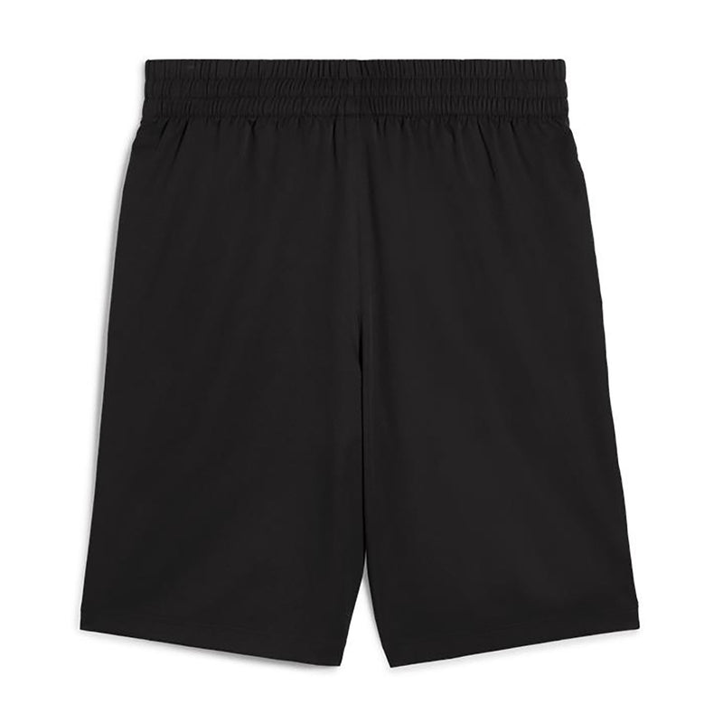 Black mens woven shorts with elastic waistband, no visible side logo