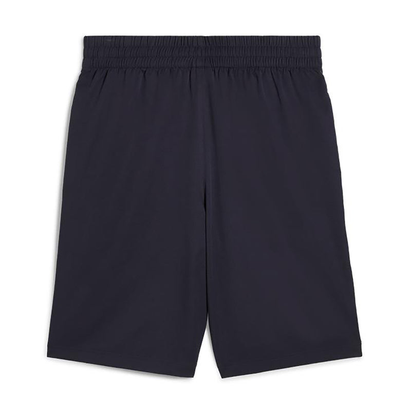 Navy woven mens shorts with elastic waistband, straight leg and Puma cat logo.