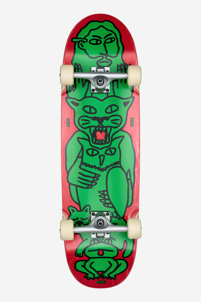 Top view of Punter Cruiserboard Animal Collector showing red deck with green monster artwork and mounted trucks