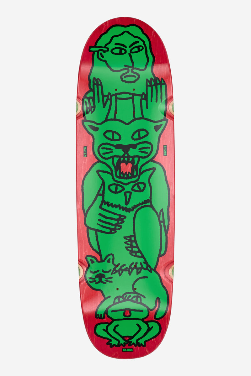 Punter Deck 9.125 Animal Collector skateboard with bold green stacked creatures on a red maple deck by Keith Shore.