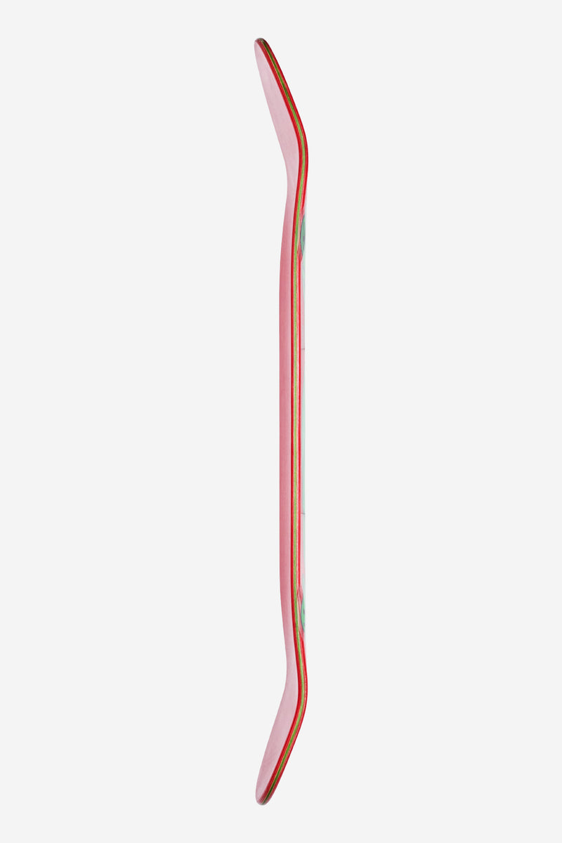 Side view of the Animal Collector skateboard revealing a red deck with pink edge and a colored stripe along the length.