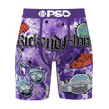 Men's purple graphic boxer briefs with cartoon space characters and PSD waistband