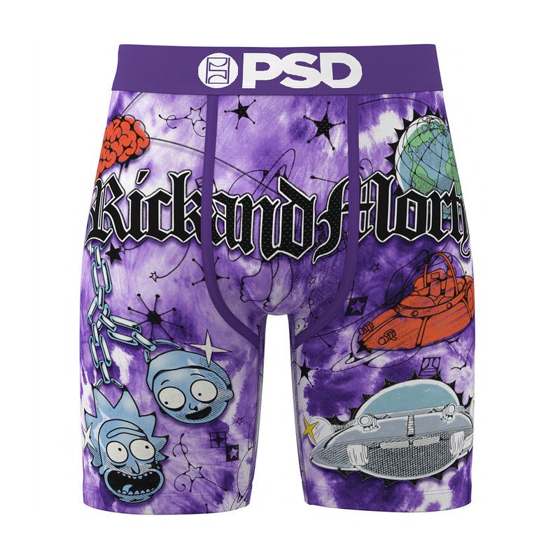 Men's purple graphic boxer briefs with cartoon space characters and PSD waistband
