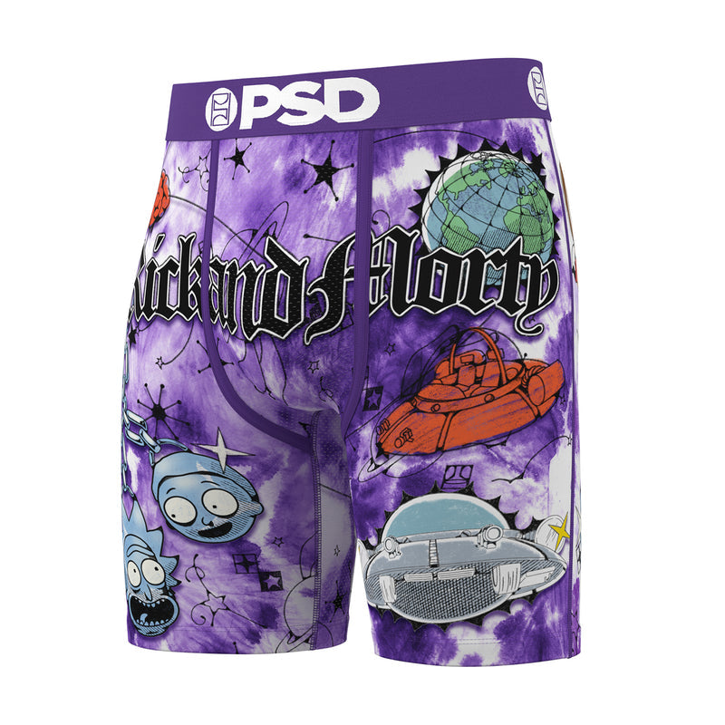 Men's purple graphic boxer briefs with cartoon planets, ufo, and PSD waistband