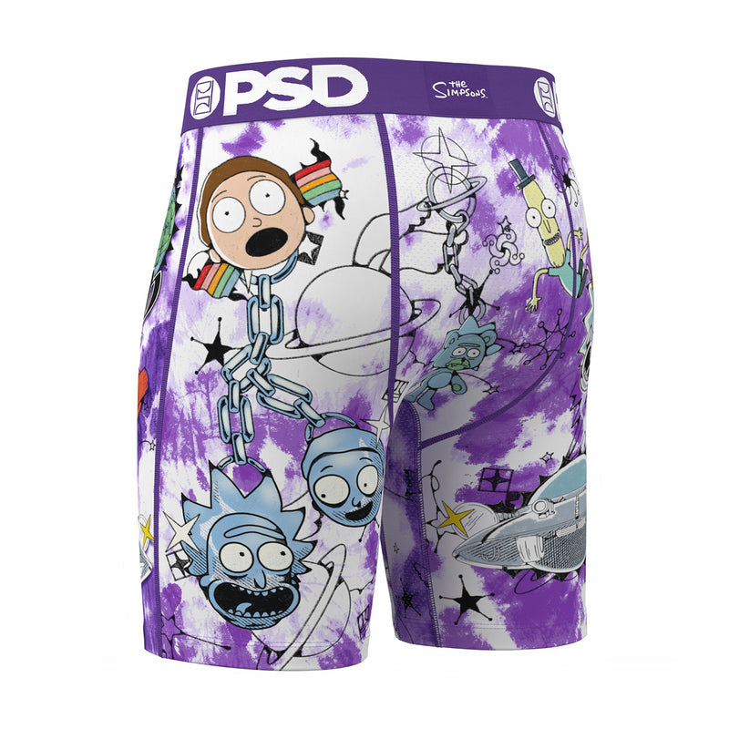 Men's purple graphic boxer briefs with sci-fi character collage and PSD logo