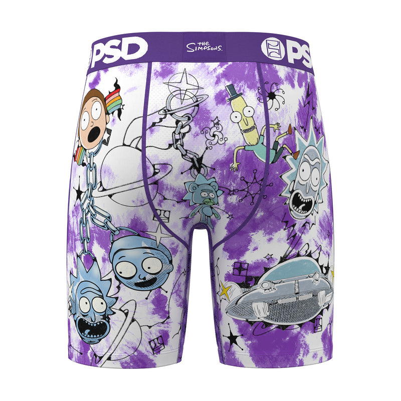 Men's purple graphic boxer briefs with sci-fi character collage and wide PSD waistband