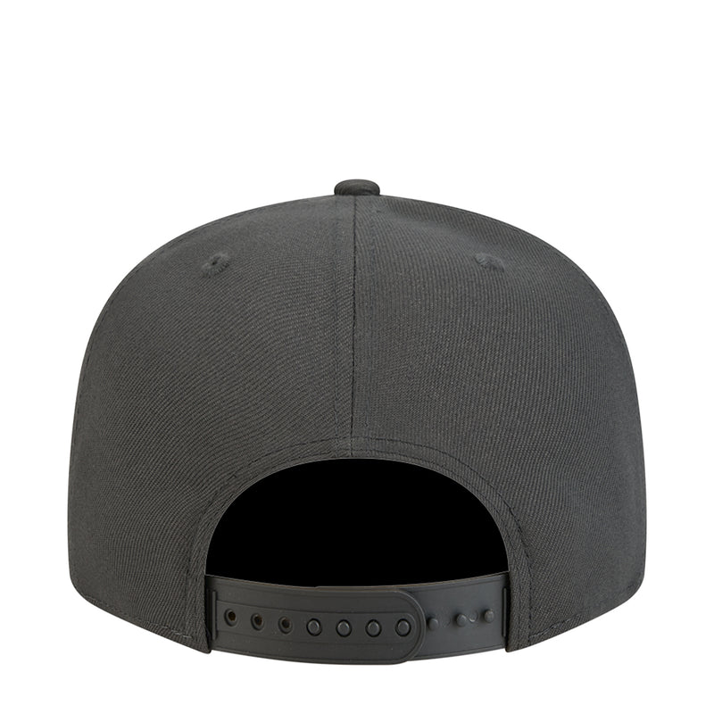 Dark gray baseball cap back with adjustable strap and eyelets under brim