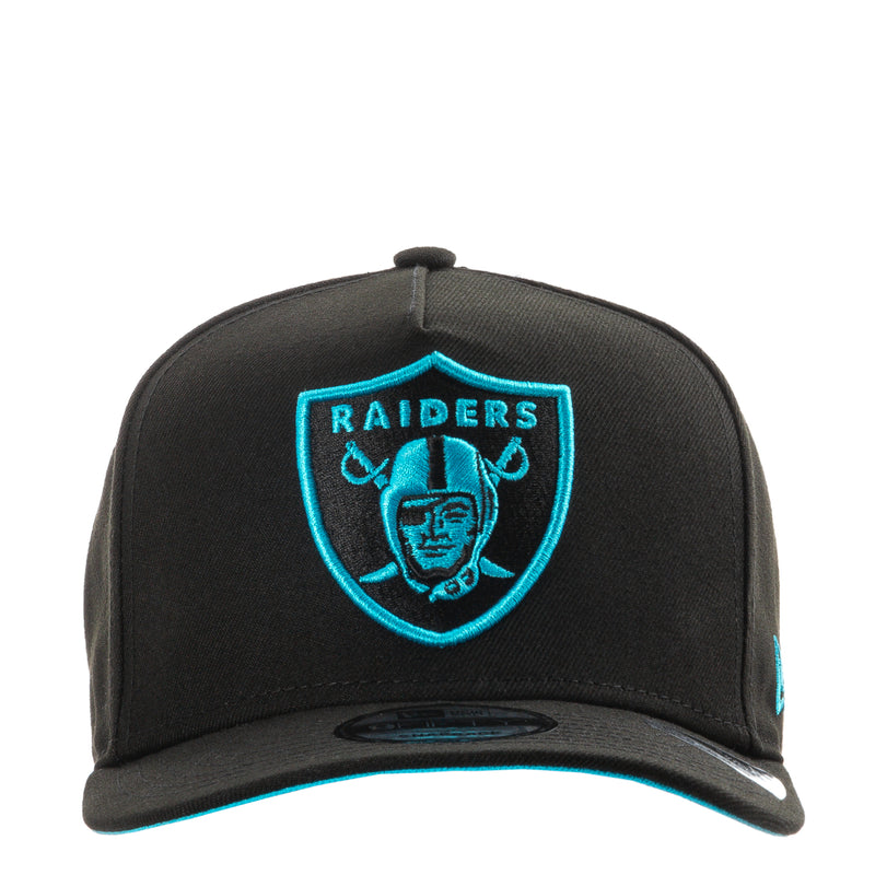 Black A-Frame baseball cap with Raiders shield logo in bright Vice Blue on front