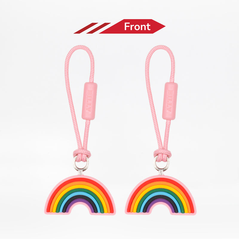 Two rainbow-shaped keychains with pink strings on a white background