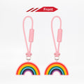Two rainbow-shaped keychains with pink strings on a white background