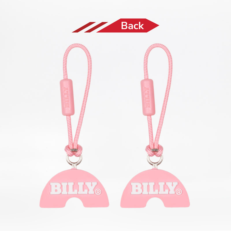 Two pink zipper pulls with strings on a white background