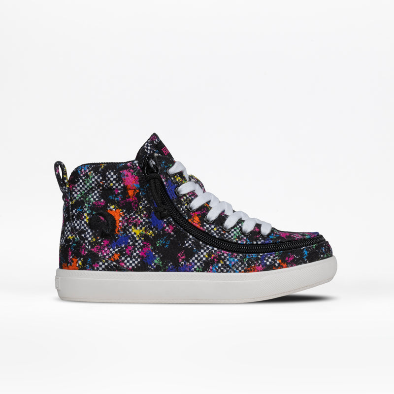 The Rainbow Sk8ter BILLY Classic D|R II High by BILLY Footwear is a high-top kids’ orthopedic shoe featuring a multicolor splatter design, white laces, side zipper, removable insoles, and a white sole on a plain white background.