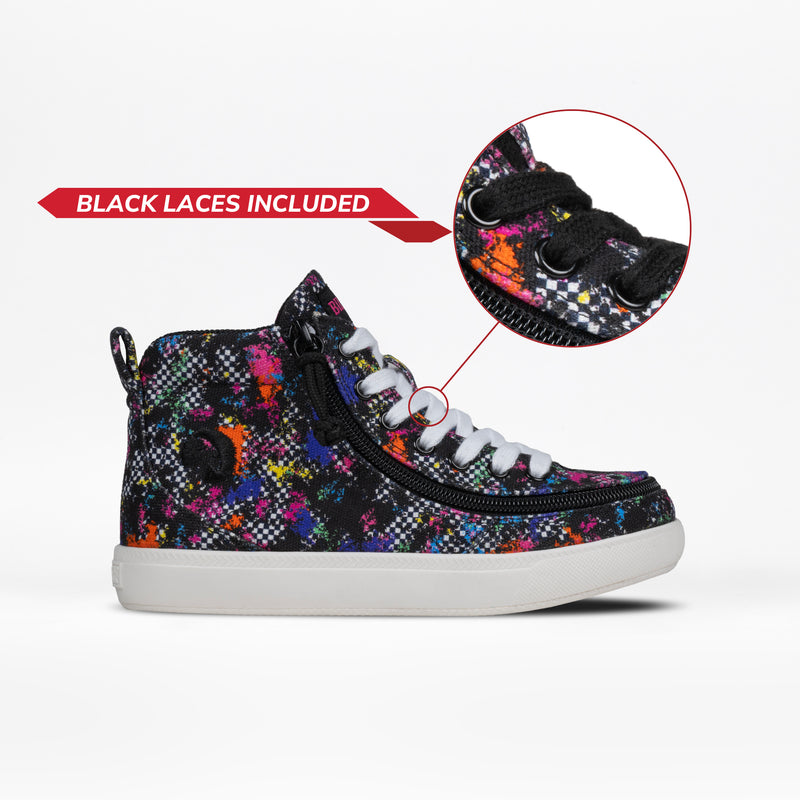 The BILLY Footwear Rainbow Sk8ter BILLY Classic D|R II High is a colorful high-top sneaker with a splatter paint design, white laces, side zipper, and removable insoles. An inset shows included black laces. AFO-friendly. Displayed on a white background.
