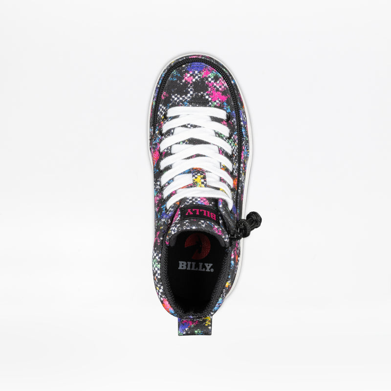 A top view of the Rainbow Sk8ter BILLY Classic D|R II High by BILLY Footwear—a high-top kids' sneaker with a black base, colorful splatter pattern, white laces, side zipper, and AFO-friendly design for orthopedic needs.